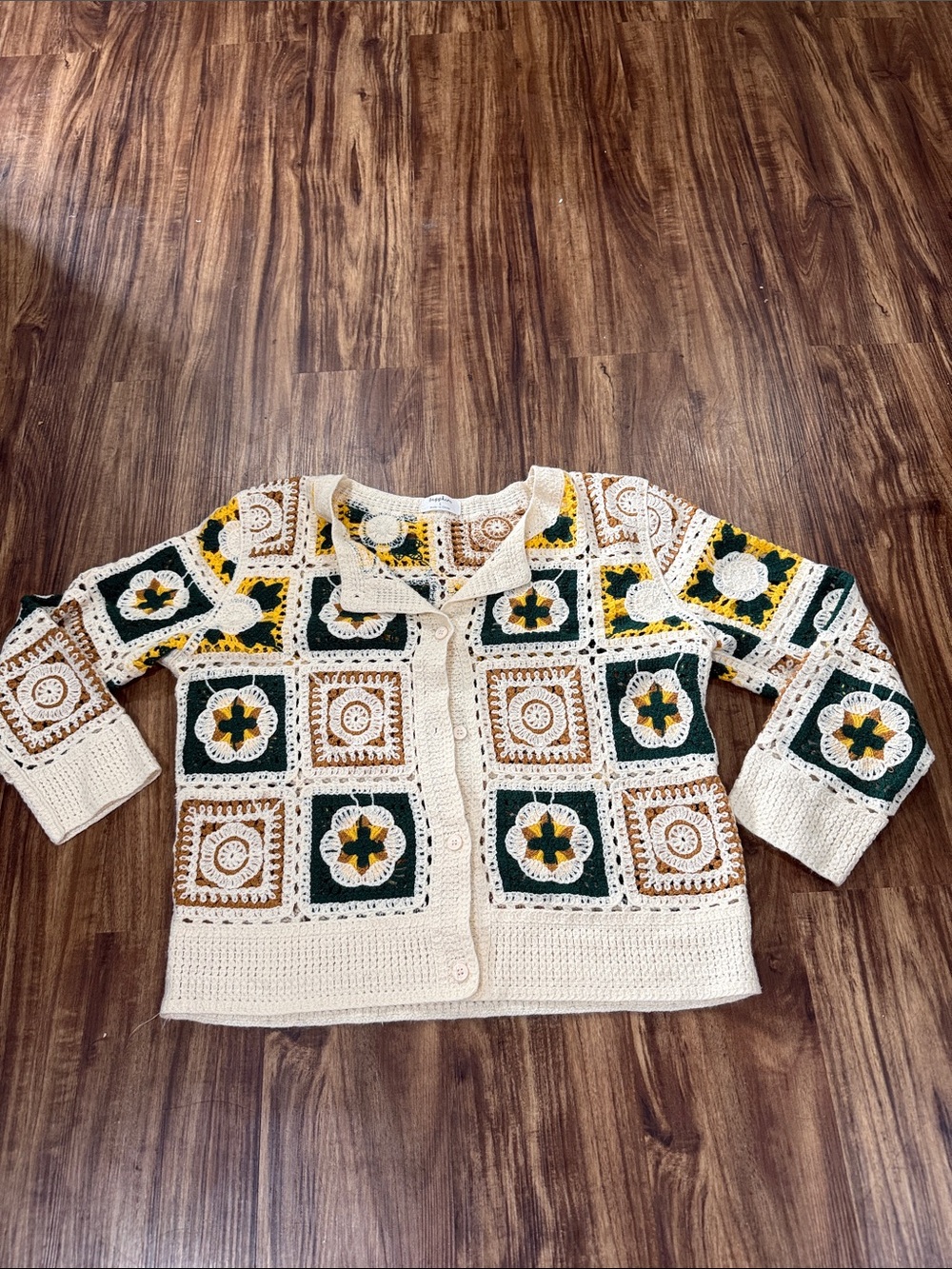 Cream Crochet Square-Panel Cardigan with Green & Brown Accents